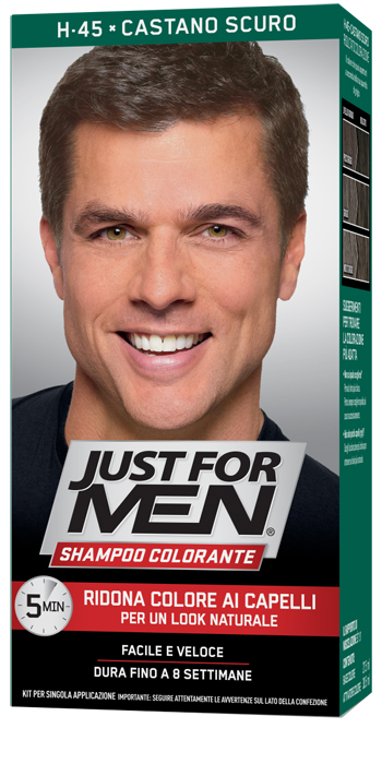 JUST FOR MEN SHAMPOO COLORANTE H45 CASTANO SCURO ATTIVATORE CHIARO 38,5 ML + BASE COLORE 27,5 ML - Parafarmacia Mostacciano