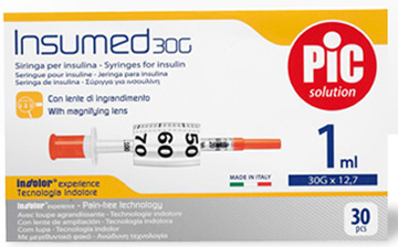 SIRINGA INSULINA PIC INSUMED 1 ML 100 UI AGO GAUGE 30 12,7 MM SENZA SPAZIO MORTO 30 PEZZI - Parafarmacia Mostacciano