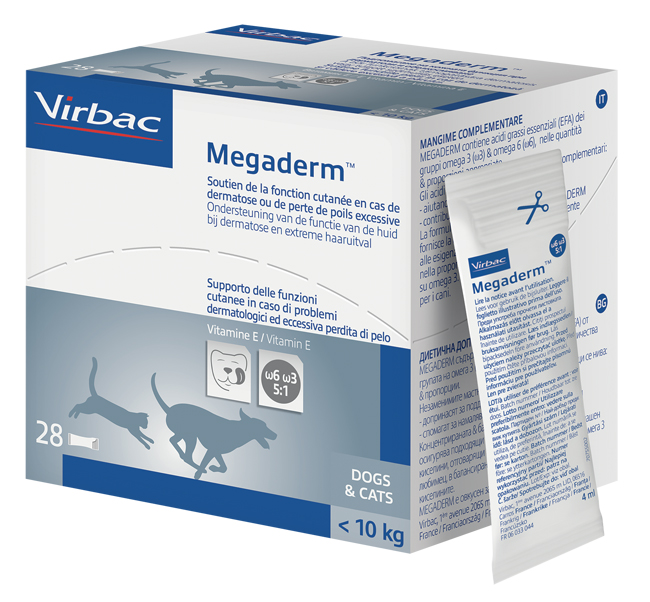 MEGADERM SUPPLEMENTO GATTI E CANI INFERIORI A 10 KG SCATOLA DA 28 SACCHETTI MONODOSE 4 ML - Parafarmacia Mostacciano