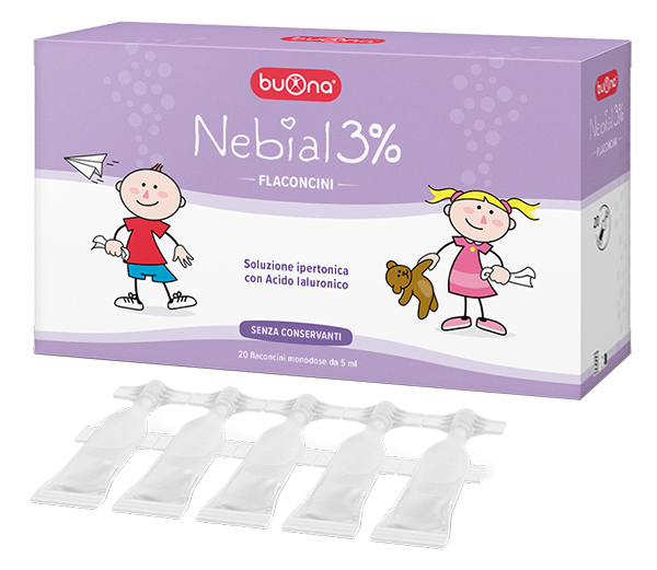 NEBIAL FLACONCINI SOLUZIONE SALINA IPERTONICA DI SODIO CLORURO AL 3% CON ACIDO IALURONICO 20X5 ML - Parafarmacia Mostacciano