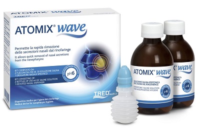 ATOMIX WAVE DISPOSITIVO PER IGIENE RINOFARINGEA ATOMIX SOLUZIONE SALINA 250 ML 2 PEZZI + TERMINALE NASALE + EROGATORE A SOFFIETTO - Parafarmacia Mostacciano