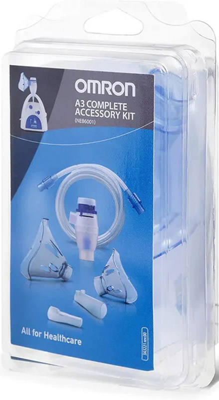 OMRON A3 COMPLETE KIT RICAMBIO AMPOLLA REGOLABILE + TUBO + MASCHERINA PEDIATRICA + MASCHERINA ADULTI + FORCELLE NASALI + BOCCAGLIO - Parafarmacia Mostacciano