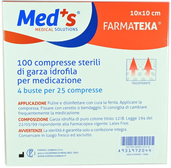 GARZA COMPRESSA IDROFILA MEDS FARMATEXA 2/8 10X10CM 100 PEZZI - Parafarmacia Mostacciano