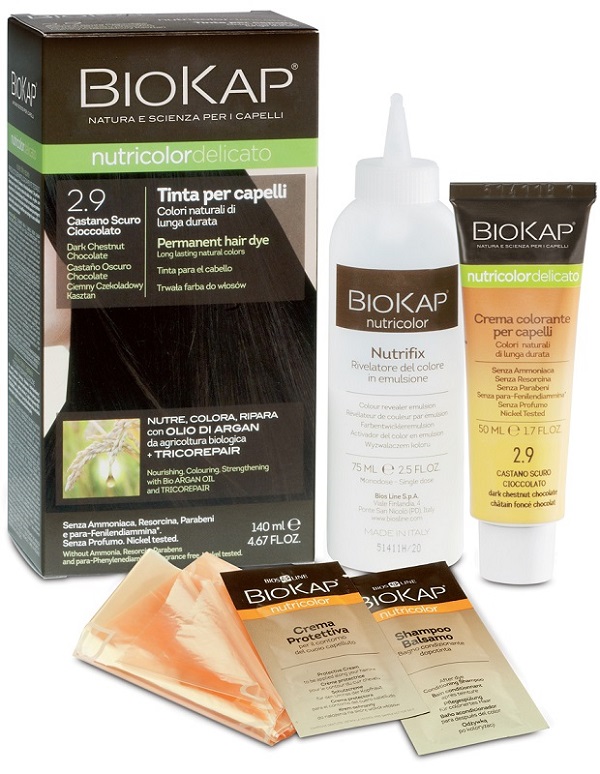 BIOKAP NUTRICOLOR DELICATO 2,9 CASTANO SCURO CIOCCOLATO TINTA TUBO + FLACONE - Parafarmacia Mostacciano