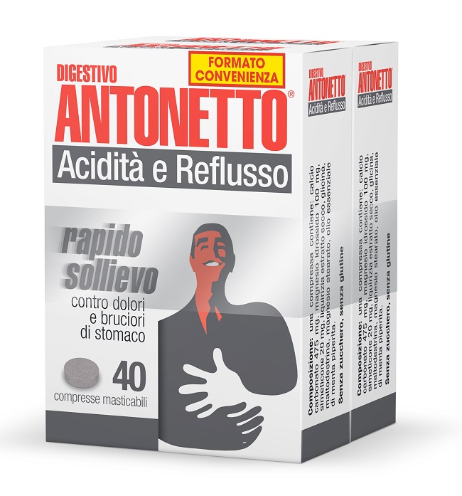 DIGESTIVO ANTONETTO ACIDITA' E REFLUSSO 80 COMPRESSE MASTICABILI 2 ASTUCCI DA 40 COMPRESSE - Parafarmacia Mostacciano