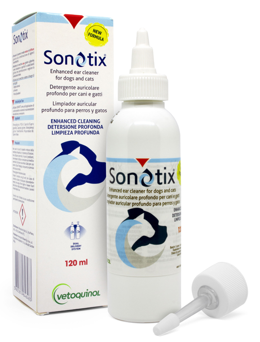 SONOTIX DETERGENTE AURICOLARE PROFONDO CANI E GATTI FLACONE 120 ML + CANNULA CORTA RIGIDA + CANNULA LUNGA FLESSIBILE - Parafarmacia Mostacciano