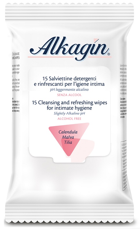 ALKAGIN SALVIETTINE DETERGENTI E RINFRESCANTI PER L'IGIENE INTIMA PH LEGGERMENTE ALCALINO SENZA ALCOOL 15 PEZZI CALENDULA MALVA E TILIA - Parafarmacia Mostacciano