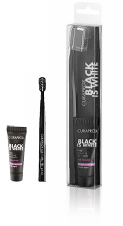 CURAPROX BLACK IS WHITE DENTIFRICI SBIANCANTI 1 DENTIFRICIO DA 10ML + 1 SPAZZOLINO - Parafarmacia Mostacciano