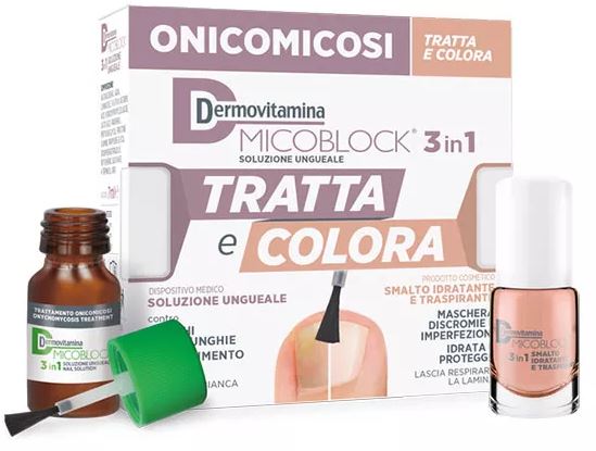 DERMOVITAMINA MICOBLOCK 3 IN 1 TRATTA E COLORA SOLUZIONE UNGUEALE 7 ML + SMALTO IDRATANTE TRASPIRANTE 5 ML - Parafarmacia Mostacciano