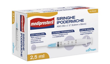 SIRINGA IPODERMICA MEDIPRESTERIL AGO 23 GAUGE 1 1/4 0,6X30MM 2,5 ML 10 PEZZI - Parafarmacia Mostacciano