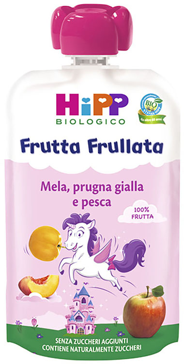 HIPP BIO FRUTTA FRULLATA UNICORNO MELA PRUGNA GIALLA PESCA 90 G - Parafarmacia Mostacciano