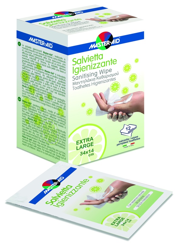 MASTER-AID SAVIETTA IMPREGNATA DI SOLUZIONE IGIENIZZANTE XL 12 PEZZI - Parafarmacia Mostacciano