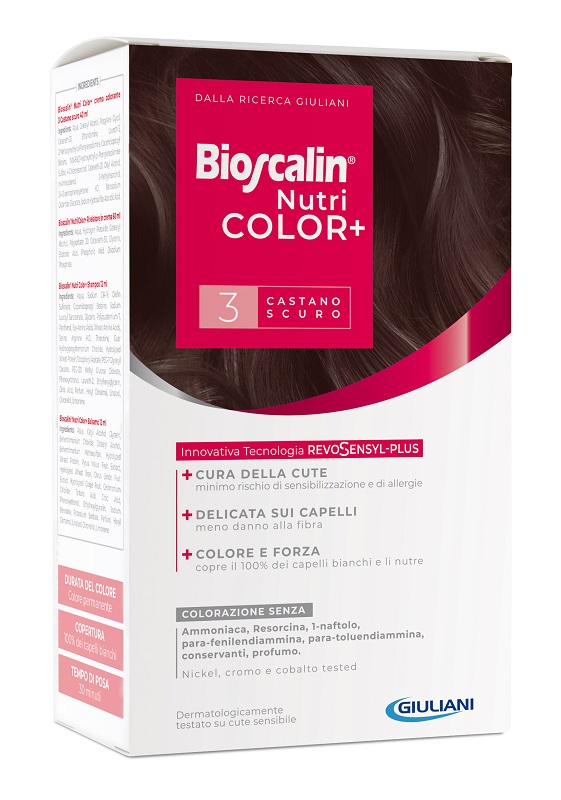 BIOSCALIN NUTRICOLOR PLUS 3 CASTANO SCURO CREMA COLORANTE 40 ML + RIVELATORE CREMA 60 ML + SHAMPOO 12 ML + TRATTAMENTO FINALE BALSAMO 12 ML - Parafarmacia Mostacciano