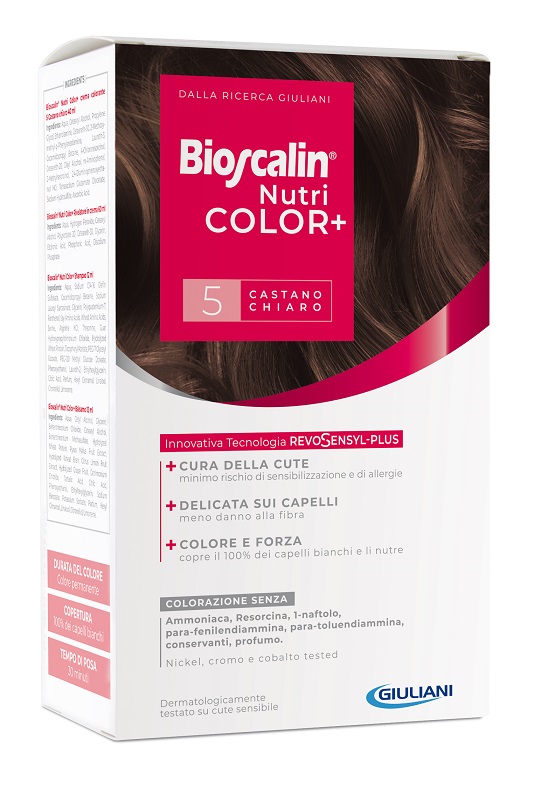 BIOSCALIN NUTRICOLOR PLUS 5 CASTANO CHIARO CREMA COLORANTE 40 ML + RIVELATORE CREMA 60 ML + SHAMPOO 12 ML + TRATTAMENTO FINALE BALSAMO 12 ML - Parafarmacia Mostacciano