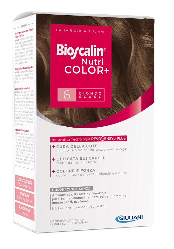BIOSCALIN NUTRICOLOR PLUS 6 BIONDO SCURO CREMA COLORANTE 40 ML + RIVELATORE CREMA 60 ML + SHAMPOO 12 ML + TRATTAMENTO FINALE BALSAMO 12 ML - Parafarmacia Mostacciano
