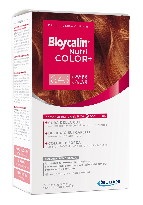 BIOSCALIN NUTRICOLOR PLUS 6,43 BIONDO SCURO RAME DORATO CREMA COLORANTE 40 ML + RIVELATORE CREMA 60 ML + SHAMPOO 12 ML + TRATTAMENTO FINALE BALSAMO 12 ML - Parafarmacia Mostacciano