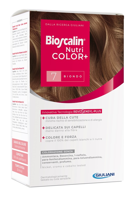 BIOSCALIN NUTRICOLOR PLUS 7 BIONDO CREMA COLORANTE 40 ML + RIVELATORE CREMA 60 ML + SHAMPOO 12 ML + TRATTAMENTO FINALE BALSAMO 12 ML - Parafarmacia Mostacciano