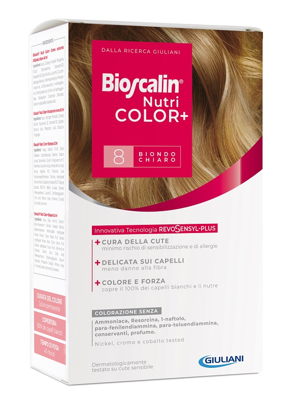 BIOSCALIN NUTRICOLOR PLUS 8 BIONDO CHIARO CREMA COLORANTE 40 ML + RIVELATORE CREMA 60 ML + SHAMPOO 12 ML + TRATTAMENTO FINALE BALSAMO 12 ML - Parafarmacia Mostacciano