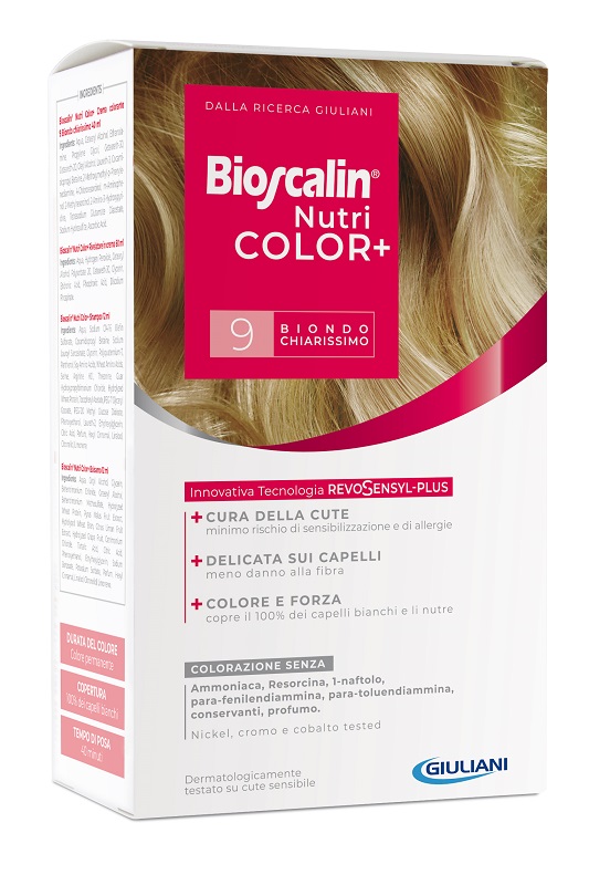 BIOSCALIN NUTRICOLOR PLUS 9 BIONDO CHIARISSIMO CREMA COLORANTE 40 ML + RIVELATORE CREMA 60 ML + SHAMPOO 12 ML + TRATTAMENTO FINALE BALSAMO 12 ML - Parafarmacia Mostacciano