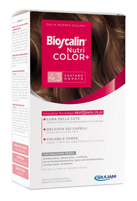 BIOSCALIN NUTRICOLOR PLUS 4,3 CASTANO DORATO CREMA COLORANTE 40 ML + RIVELATORE CREMA 60 ML + SHAMPOO 12 ML + TRATTAMENTO FINALE BALSAMO 12 ML - Parafarmacia Mostacciano