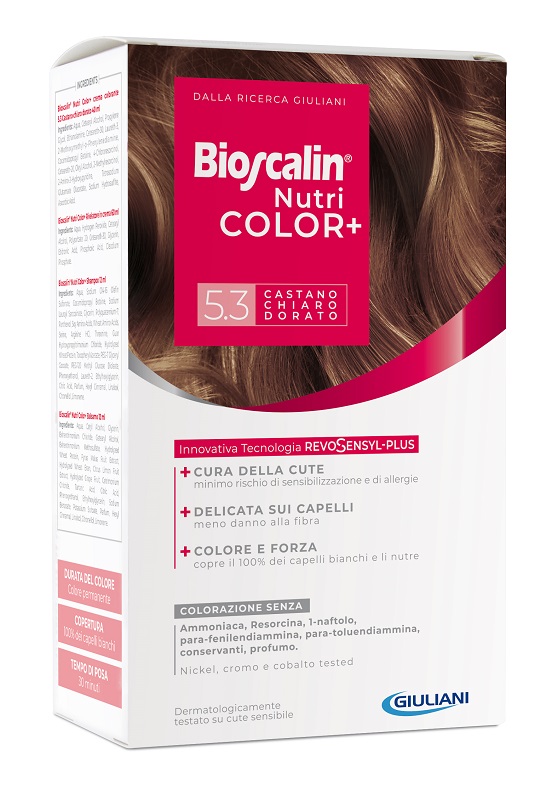 BIOSCALIN NUTRICOLOR PLUS 5,3 CASTANO CHIARO DORATO CREMA COLORANTE 40 ML + RIVELATORE CREMA 60 ML + SHAMPOO 12 ML + TRATTAMENTO FINALE BALSAMO 12 ML - Parafarmacia Mostacciano