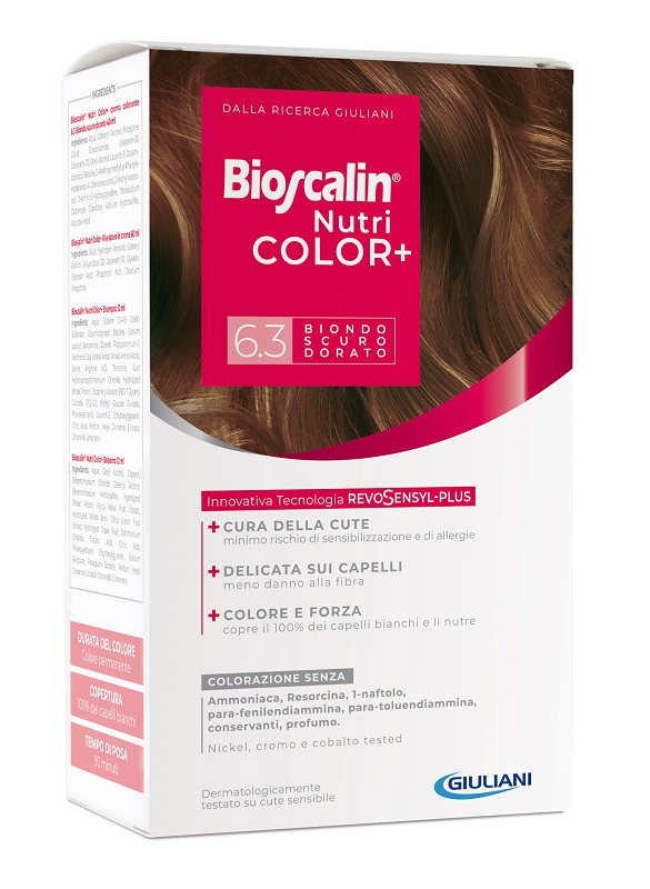 BIOSCALIN NUTRICOLOR PLUS 6,3 BIONDO SCURO DORATO CREMA COLORANTE 40 ML + RIVELATORE CREMA 60 ML + SHAMPOO 12 ML + TRATTAMENTO FINALE BALSAMO 12 ML - Parafarmacia Mostacciano