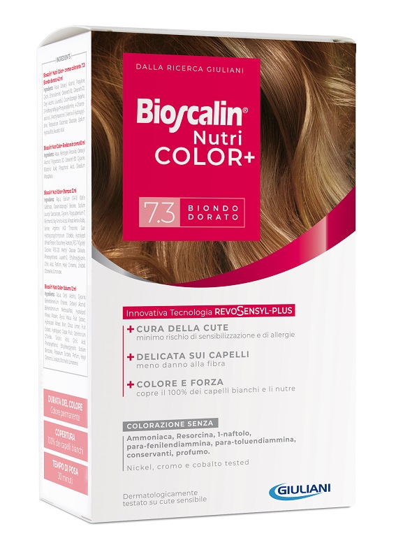 BIOSCALIN NUTRICOLOR PLUS 7,3 BIONDO DORATO CREMA COLORANTE 40 ML + RIVELATORE CREMA 60 ML + SHAMPOO 12 ML + TRATTAMENTO FINALE BALSAMO 12 ML - Parafarmacia Mostacciano