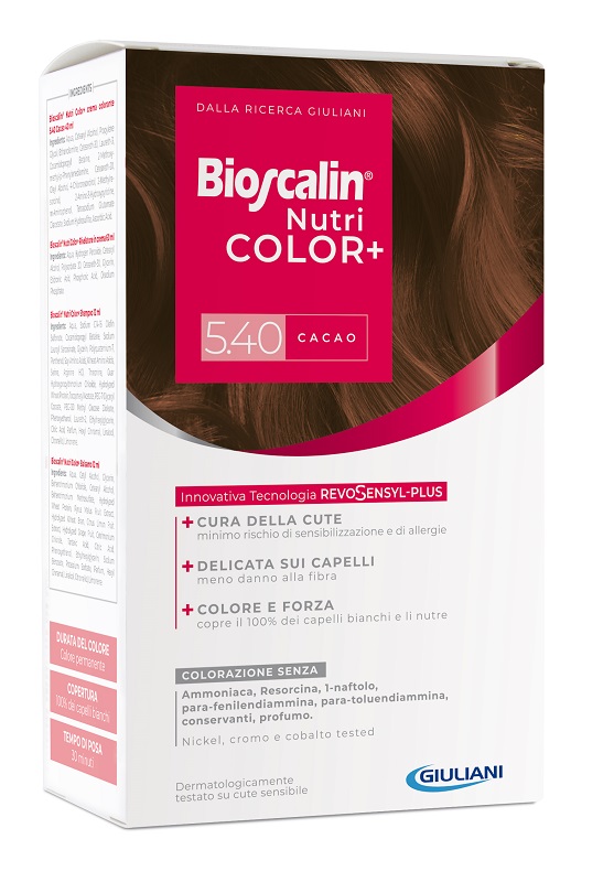 BIOSCALIN NUTRICOLOR PLUS 5,40 CACAO CREMA COLORANTE 40 ML + RIVELATORE CREMA 60 ML + SHAMPOO 12 ML + TRATTAMENTO FINALE BALSAMO 12 ML - Parafarmacia Mostacciano