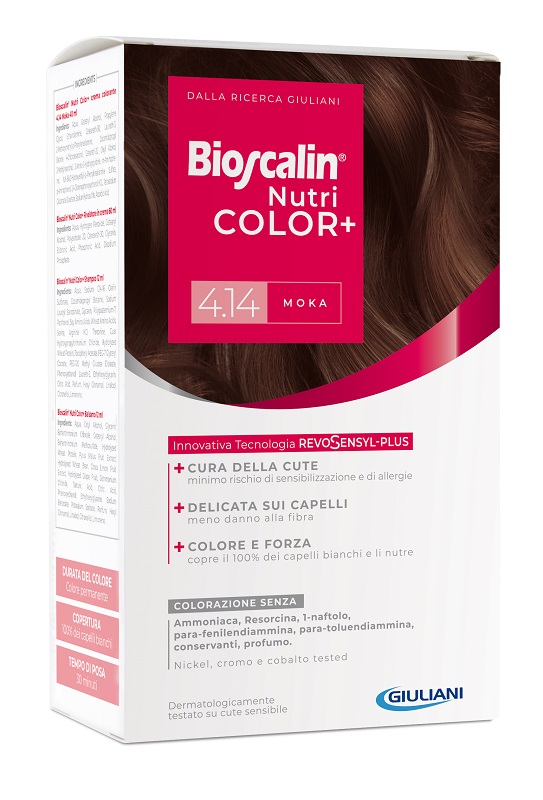 BIOSCALIN NUTRICOLOR PLUS 4,14 MOKA CREMA COLORANTE 40 ML + RIVELATORE CREMA 60 ML + SHAMPOO 12 ML + TRATTAMENTO FINALE BALSAMO 12 ML - Parafarmacia Mostacciano