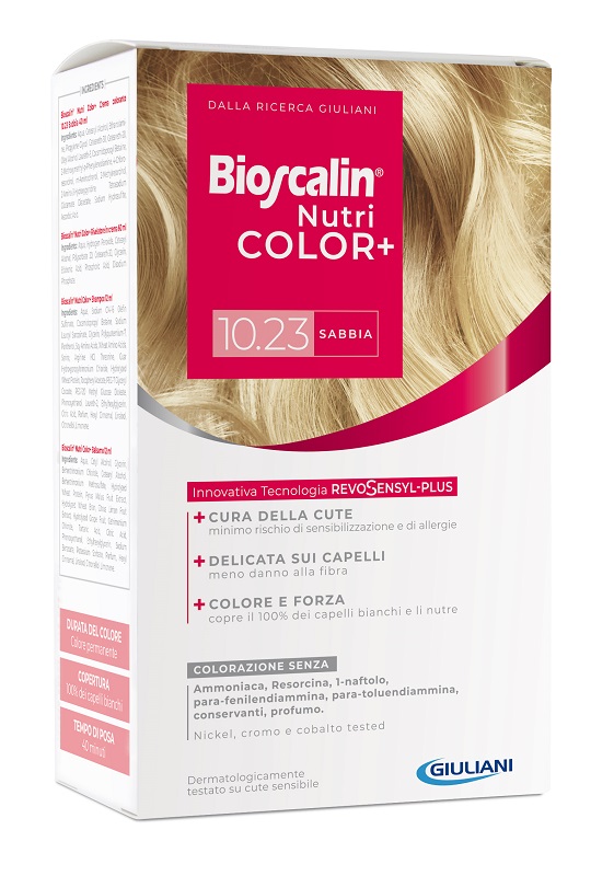 BIOSCALIN NUTRICOLOR PLUS 10,23 SABBIA CREMA COLORANTE 40 ML + RIVELATORE CREMA 60 ML + SHAMPOO 12 ML + TRATTAMENTO FINALE BALSAMO 12 ML - Parafarmacia Mostacciano