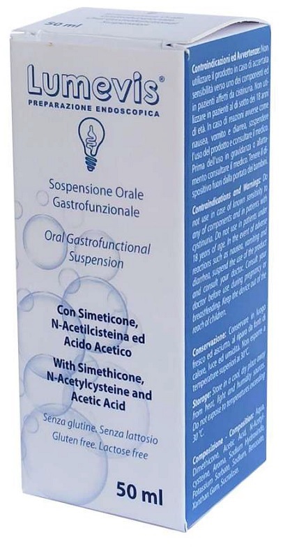 LUMEVIS SOSPENSIONE ORALE MONOUSO A BASE DI SIMETICONE N-ACETILCISTEINA E ACIDO ACETICO DA UTILIZZARE IN PREPARAZIONE DI ESAMI CLINICI AMBITO GASTROSCOPICO 50 ML - Parafarmacia Mostacciano