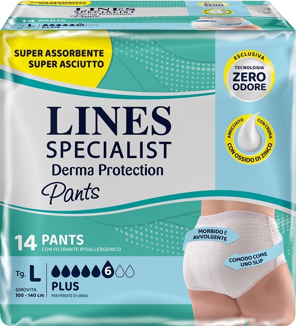 PANNOLONE PER INCONTINENZA LINES SPECIALIST DERMA PANTS PLUS L 14 PEZZI - Parafarmacia Mostacciano