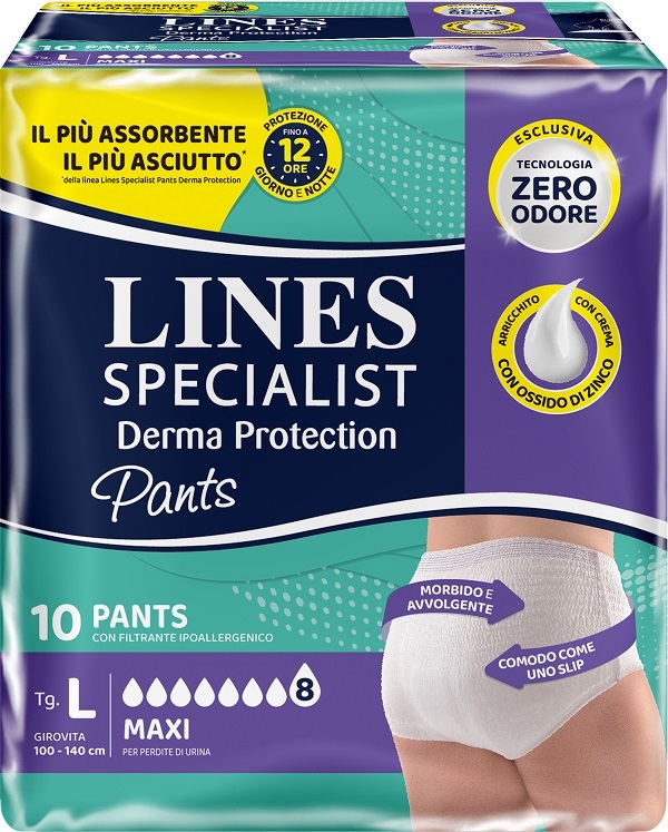 PANNOLONE PER INCONTINENZA LINES SPECIALIST DERMA PANTS MAXI L 10 PEZZI - Parafarmacia Mostacciano
