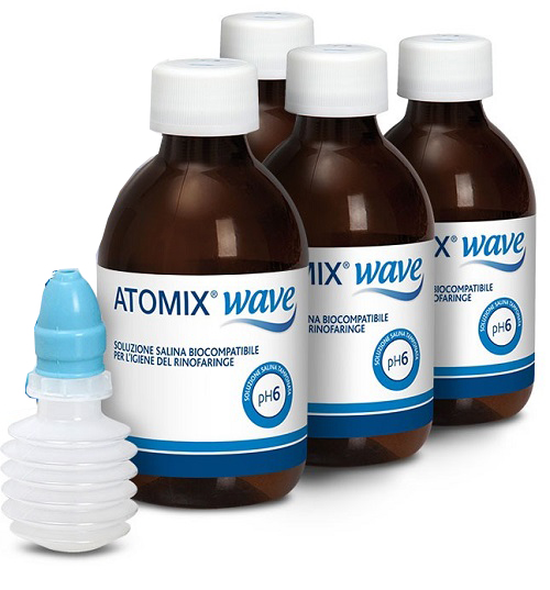 ATOMIX WAVE DISPOSITIVO PER IGIENE RINOFARINGEA ATOMIX SOLUZIONE SALINA 4 FLACONI DA 250 ML - Parafarmacia Mostacciano