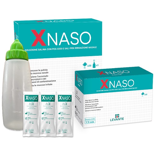 SOLUZIONE SALINA CON PEG 3350 E SALI PER IRRIGAZIONE NASALE XNASO 30 BUSTINE + 1 EROGATORE - Parafarmacia Mostacciano