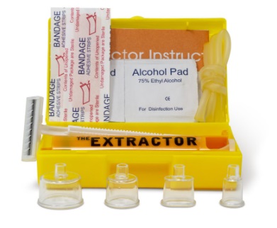 EXTRACTOR ESTRATTORE VELENO KIT 1 ESTRATTORE + 4 COPPETTE PLASTICA ASPIRA VELENO + CEROTTI + 1 RASOIO + 1 LACCIO EMOSTATICO + SALVIETTINE BASE ALCOLICA - Parafarmacia Mostacciano
